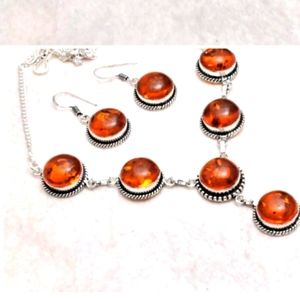 New simulated amber set in sterling silver necklace and earrings